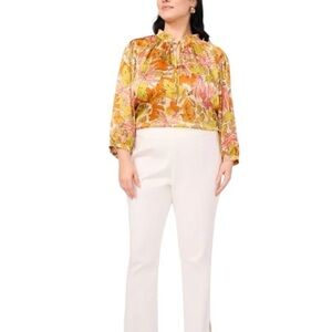Vince Camuto Plus Orange Leaf Floral-Print Ruffled Tie-Neck Blouse Size 3X NEW